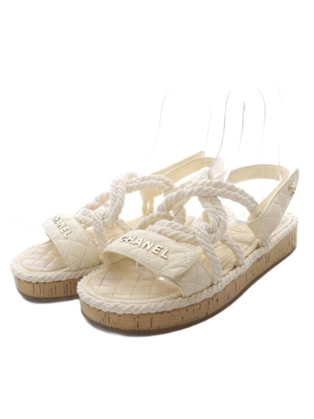 Chanel Quilted Lambskin Rope Sandals CC Logo Velcro White